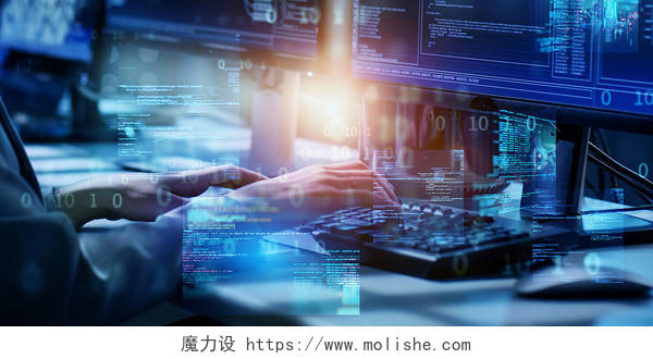 蓝色科技感代码数字键盘手指数据信息网络程序员光效背景融合发展背景